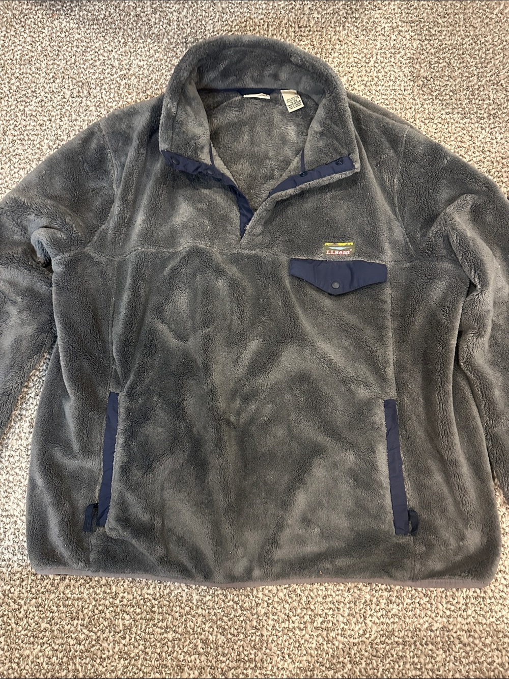 L.L. Bean Gray Fuzzy Snap-Placket Pullover with Navy Trim
